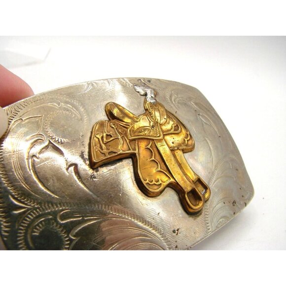 Justin Nickel Silver Gold Saddle Belt Buckle Western Ranch Roping Bullriding Vtg - Picture 2 of 9